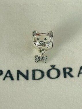 Pandora Pet Cat & Bow Dangle Charm Pendant, S925 Sterling Silver Jewelry